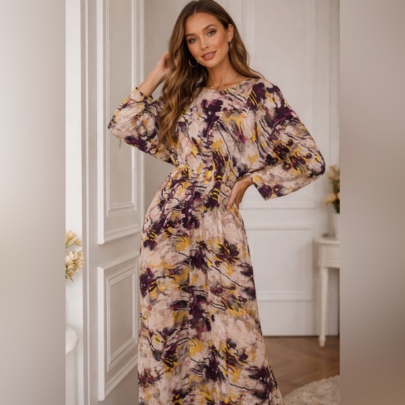 Dresses & Skirts - Abstract Print Long Sleeve Midi Dress - Beige & Purple